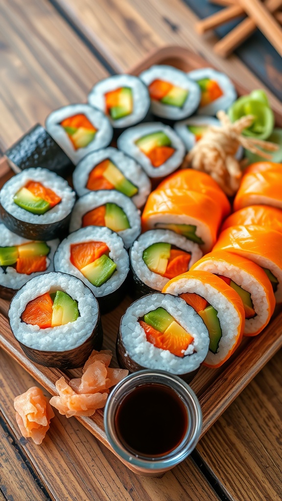 Delicious Fake Sushi Recipe for a Fun Snack Colorful fake sushi rolls filled with cucumber, carrot, avocado, served with soy sauce, pickled ginger, and wasabi.